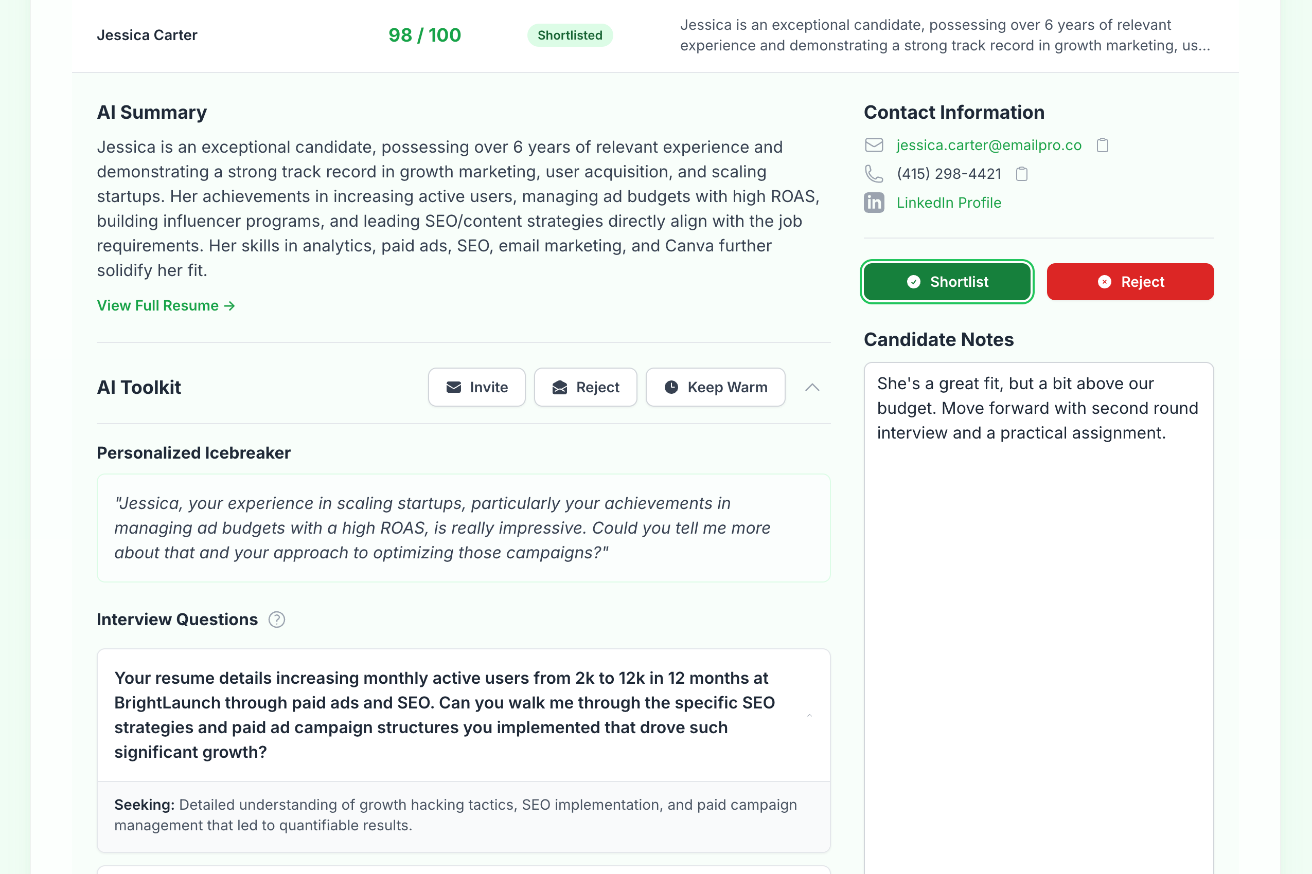 AI Toolkit generating interview questions and an icebreaker